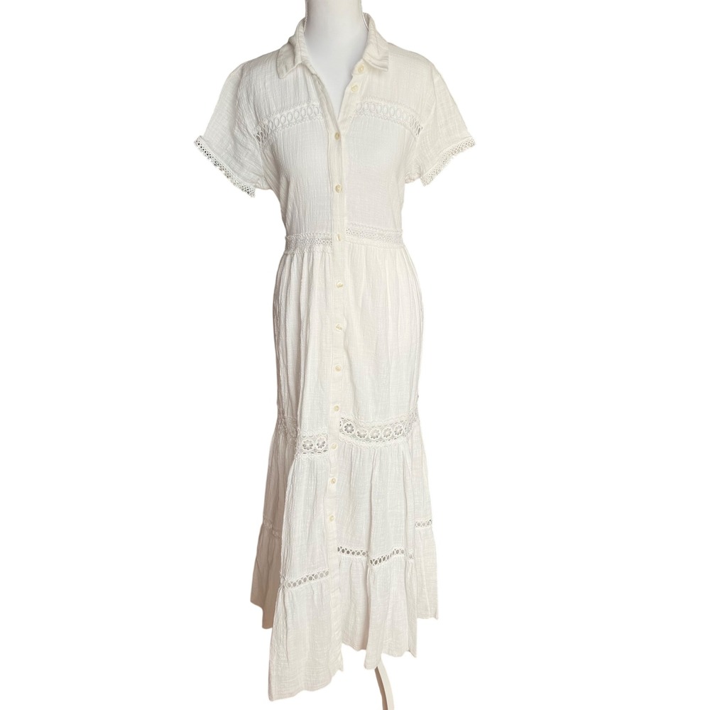 MENTI Women White Cotton‎ Gauze Eyelet Lace Tiered Maxi Button Down Dress S/M